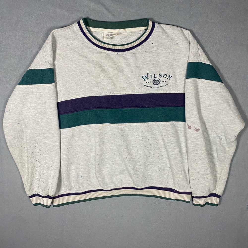 Vintage Wilson Sporting Goods Sweatshirt Mens Grey Striped Crewneck Distressed